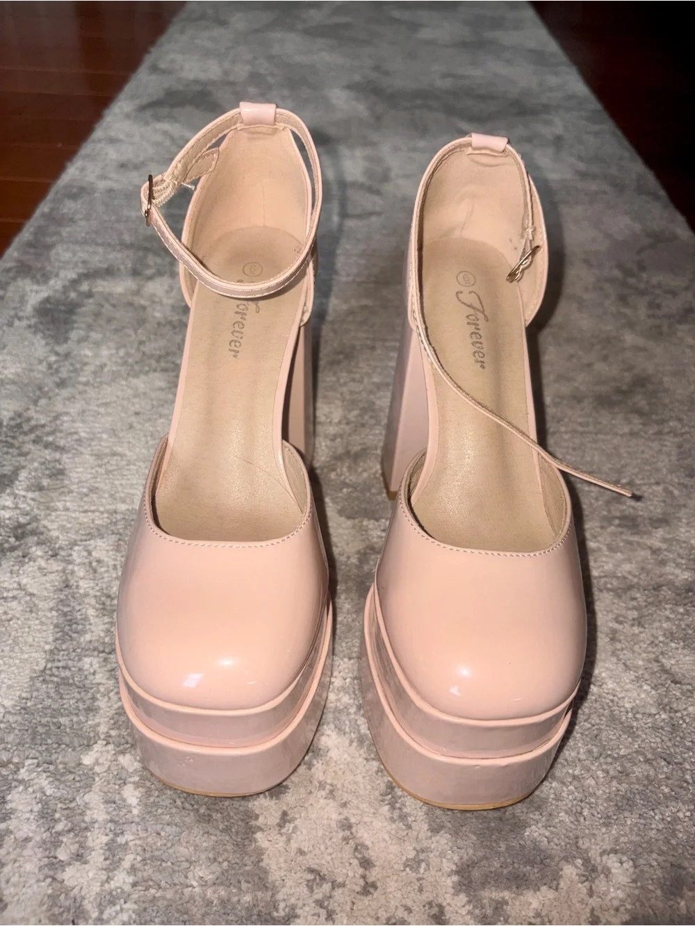 Chunky Forever Padded Platform Ballet Mary Jane Block Heels in Baby Pink & Beige